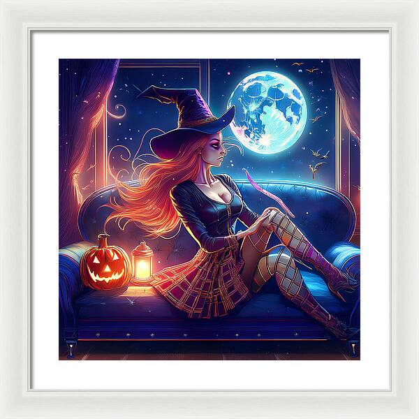 Enchanting Witch in Moonlit Room - Framed Print