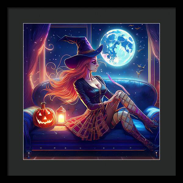 Enchanting Witch in Moonlit Room - Framed Print