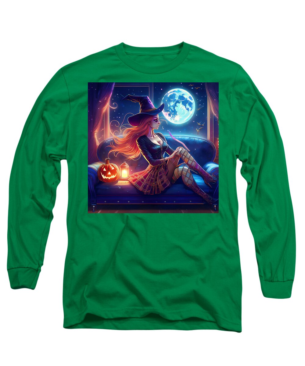 Enchanting Witch in Moonlit Room - Long Sleeve T-Shirt