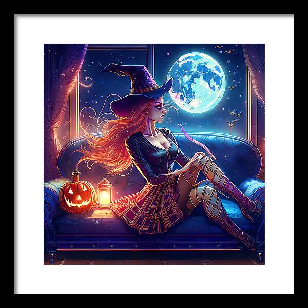 Enchanting Witch in Moonlit Room - Framed Print