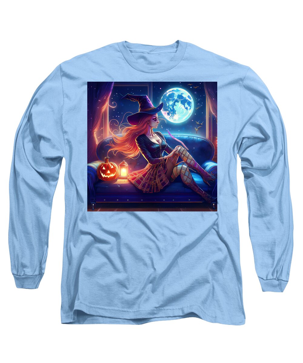 Enchanting Witch in Moonlit Room - Long Sleeve T-Shirt