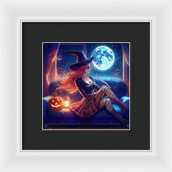 Enchanting Witch in Moonlit Room - Framed Print