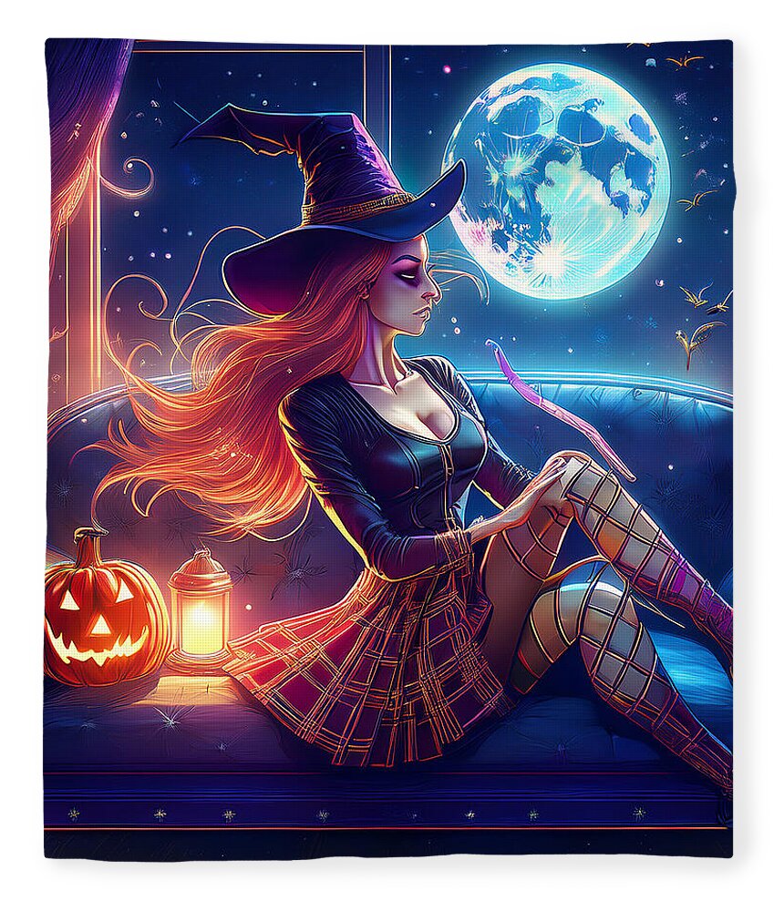Enchanting Witch in Moonlit Room - Blanket