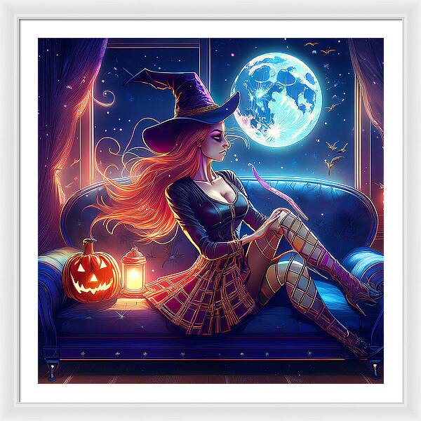 Enchanting Witch in Moonlit Room - Framed Print