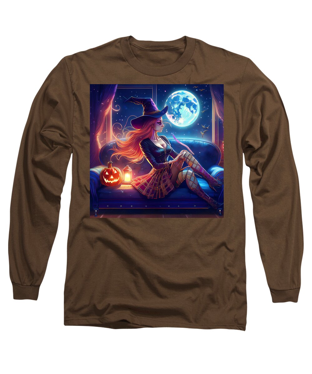 Enchanting Witch in Moonlit Room - Long Sleeve T-Shirt