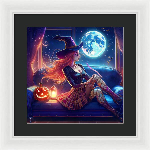 Enchanting Witch in Moonlit Room - Framed Print