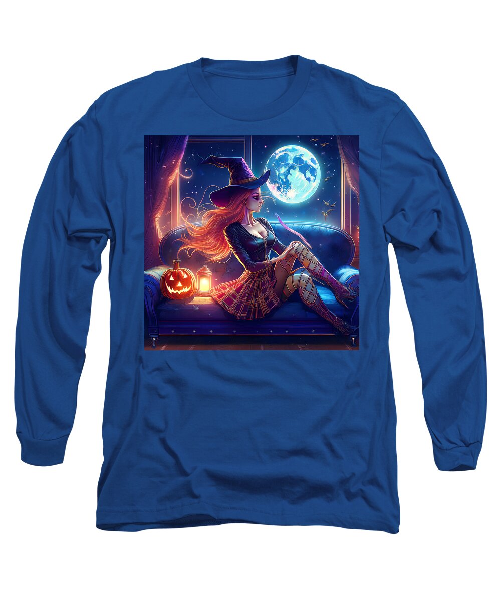 Enchanting Witch in Moonlit Room - Long Sleeve T-Shirt