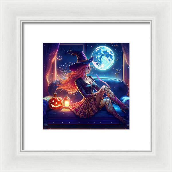 Enchanting Witch in Moonlit Room - Framed Print