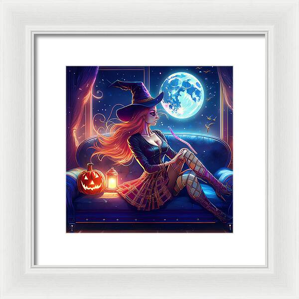 Enchanting Witch in Moonlit Room - Framed Print