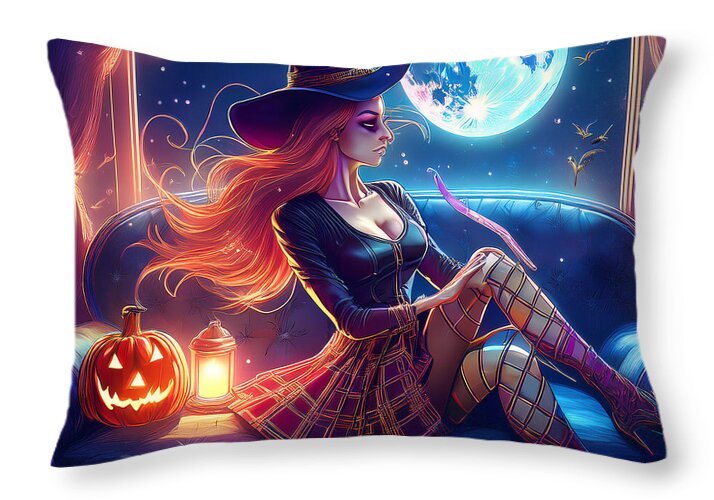 Enchanting Witch in Moonlit Room - Throw Pillow