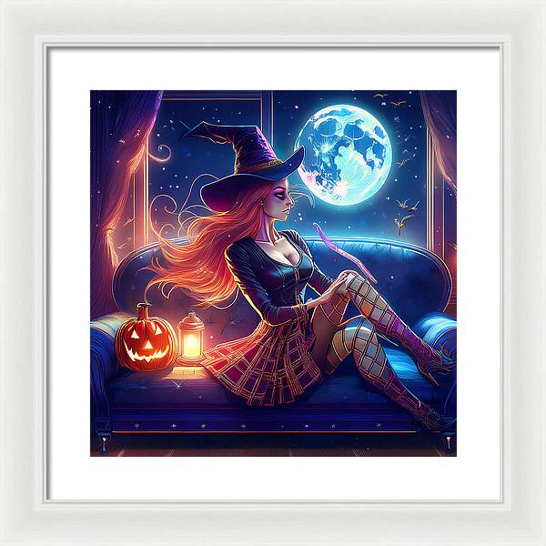 Enchanting Witch in Moonlit Room - Framed Print