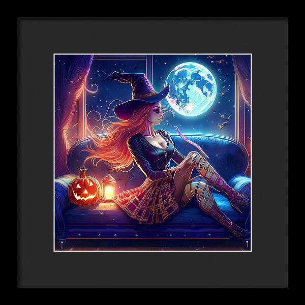 Enchanting Witch in Moonlit Room - Framed Print