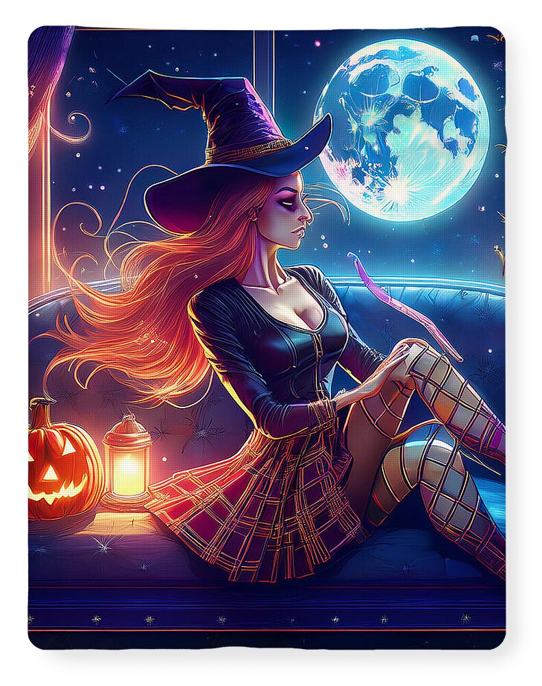 Enchanting Witch in Moonlit Room - Blanket