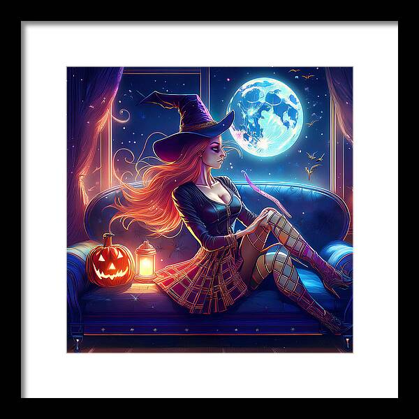 Enchanting Witch in Moonlit Room - Framed Print