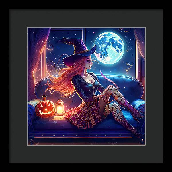 Enchanting Witch in Moonlit Room - Framed Print