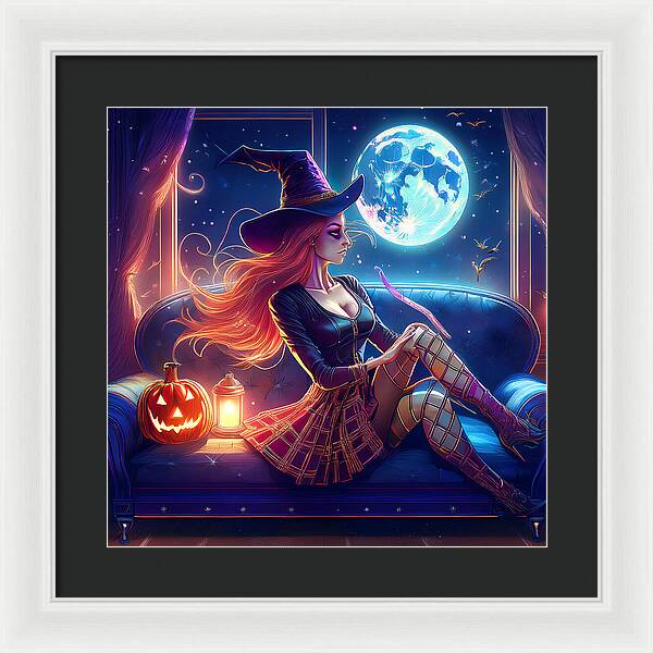 Enchanting Witch in Moonlit Room - Framed Print