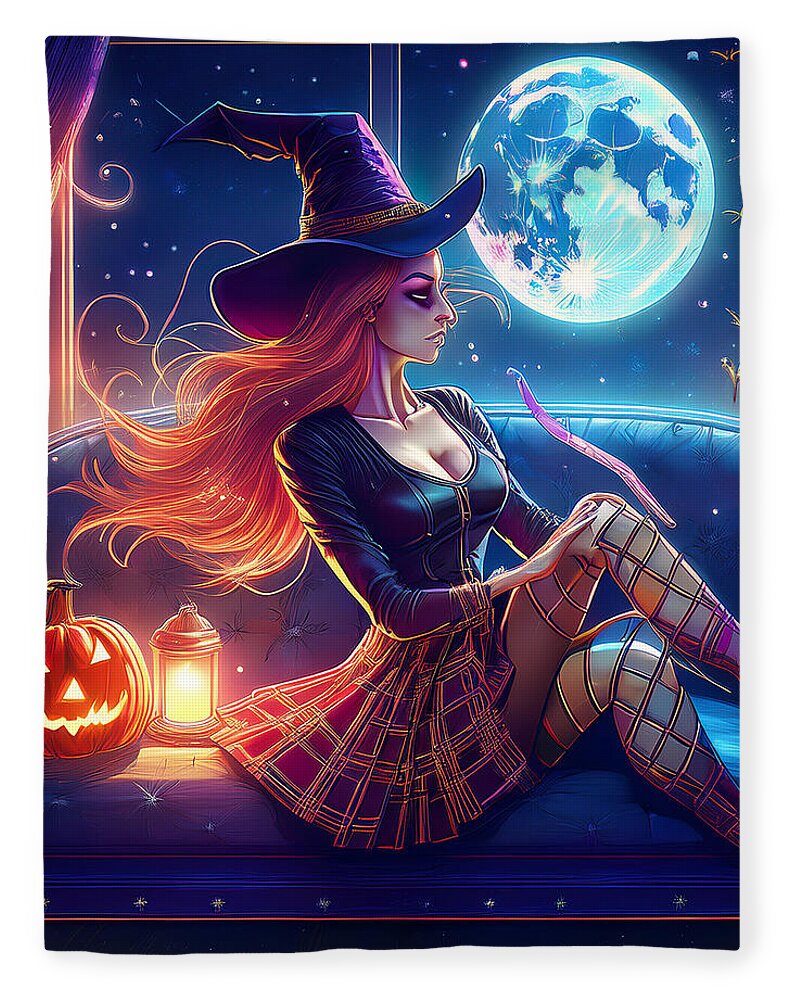 Enchanting Witch in Moonlit Room - Blanket