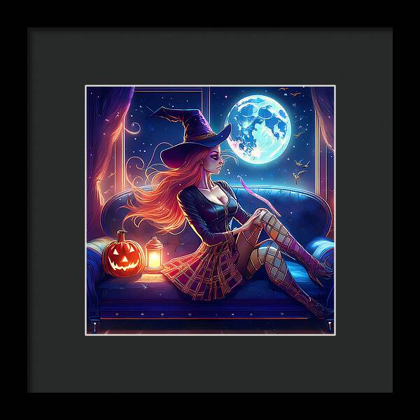 Enchanting Witch in Moonlit Room - Framed Print