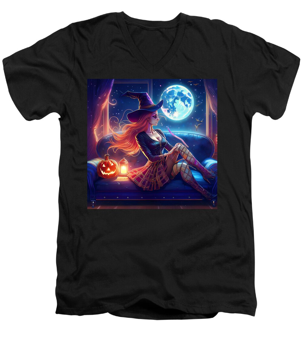 Enchanting Witch in Moonlit Room - Men's V-Neck T-Shirt