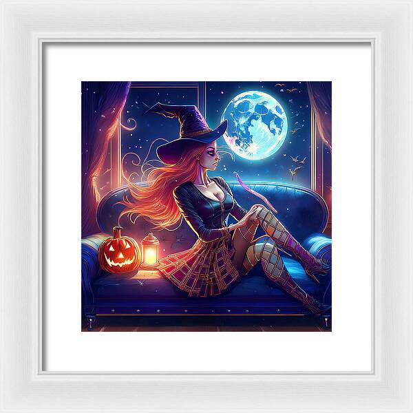 Enchanting Witch in Moonlit Room - Framed Print