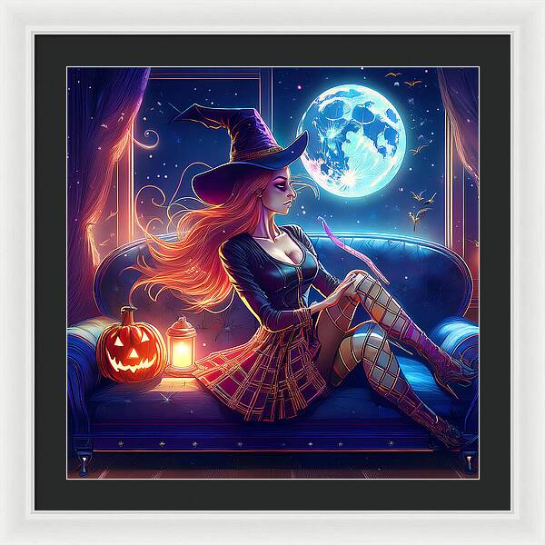 Enchanting Witch in Moonlit Room - Framed Print