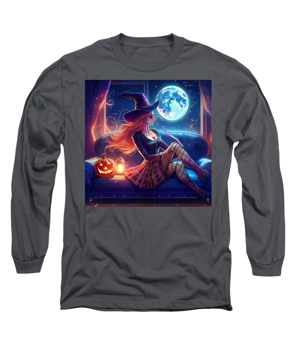 Enchanting Witch in Moonlit Room - Long Sleeve T-Shirt