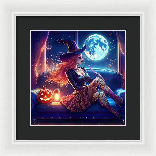 Enchanting Witch in Moonlit Room - Framed Print