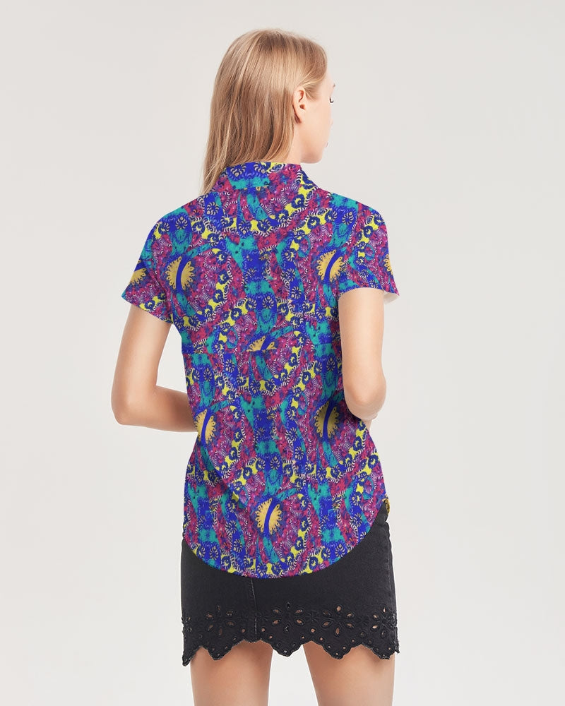 Caribbean Grafitti Women's All-Over Print Short Sleeve Button Up