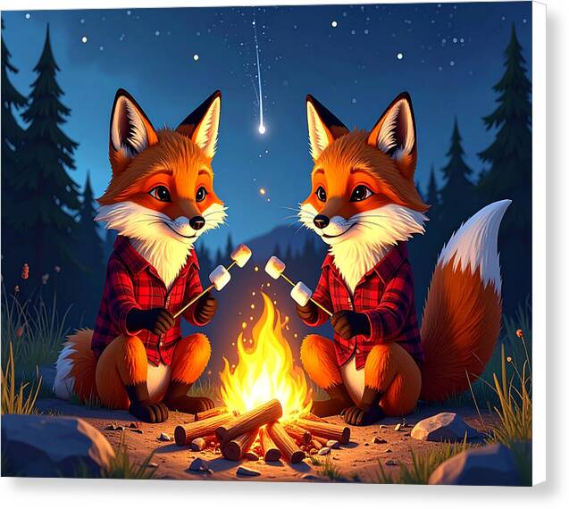 Foxes Toasting Marshmallows Under the Stars - Canvas Print