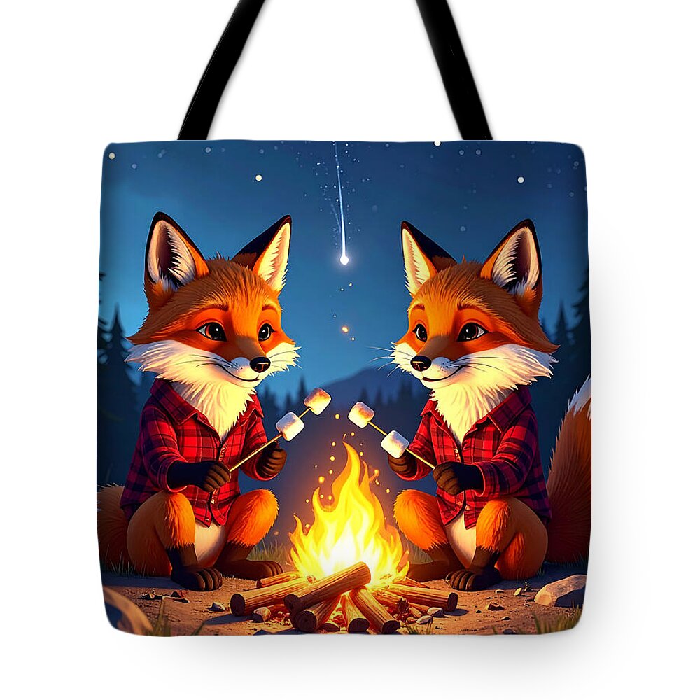 Foxes Toasting Marshmallows Under the Stars - Tote Bag
