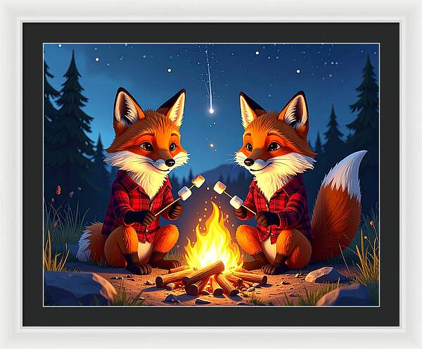 Foxes Toasting Marshmallows Under the Stars - Framed Print