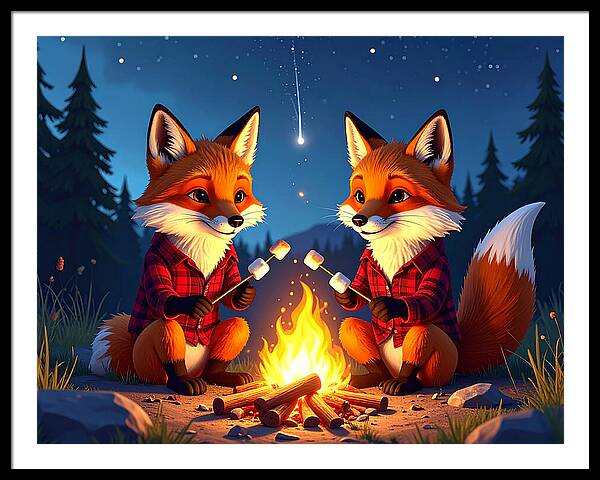 Foxes Toasting Marshmallows Under the Stars - Framed Print