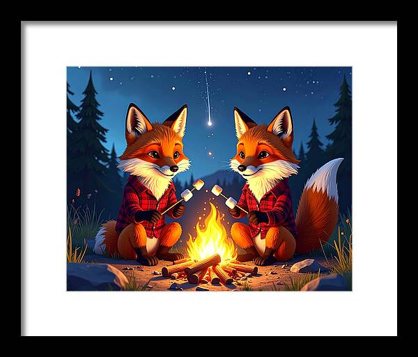 Foxes Toasting Marshmallows Under the Stars - Framed Print