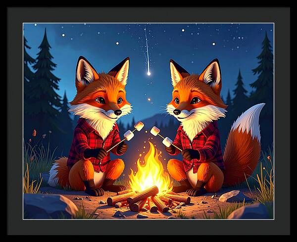 Foxes Toasting Marshmallows Under the Stars - Framed Print