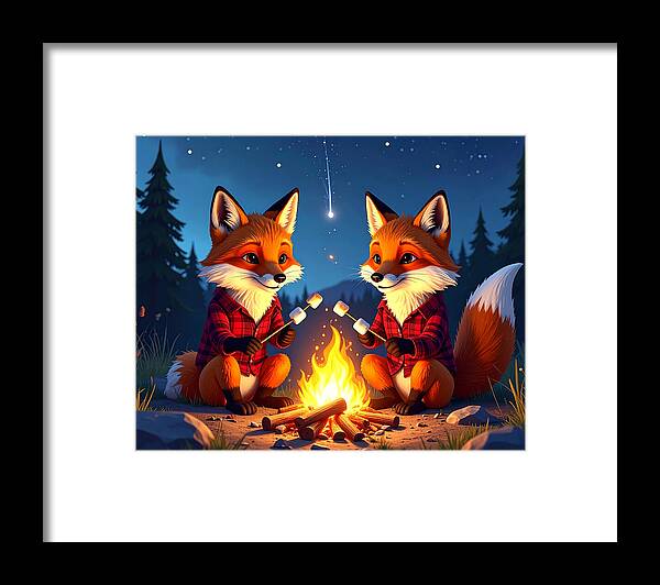 Foxes Toasting Marshmallows Under the Stars - Framed Print