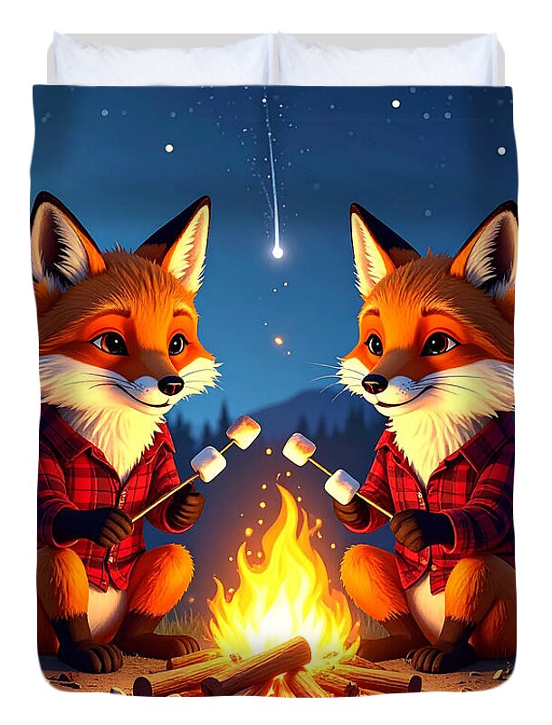 Foxes Toasting Marshmallows Under the Stars - Duvet Cover