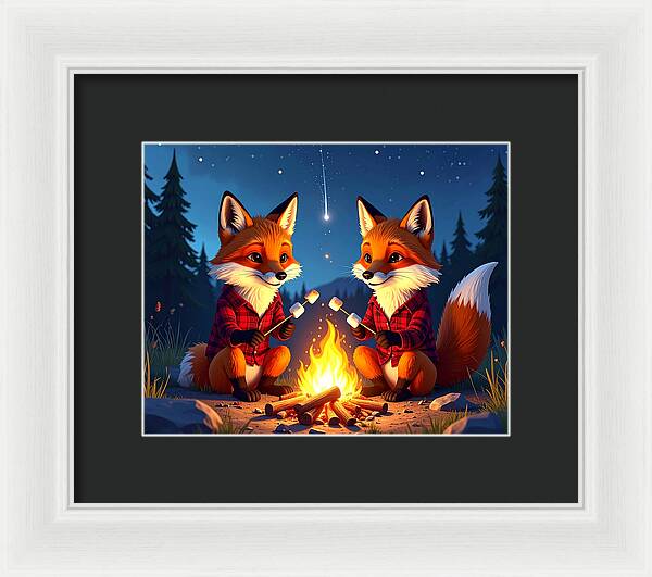Foxes Toasting Marshmallows Under the Stars - Framed Print