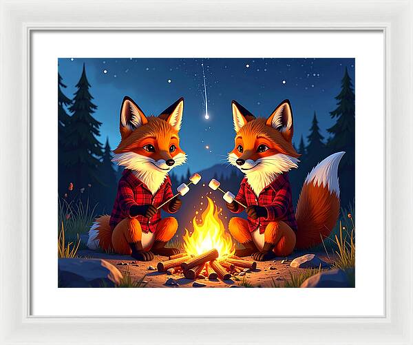 Foxes Toasting Marshmallows Under the Stars - Framed Print