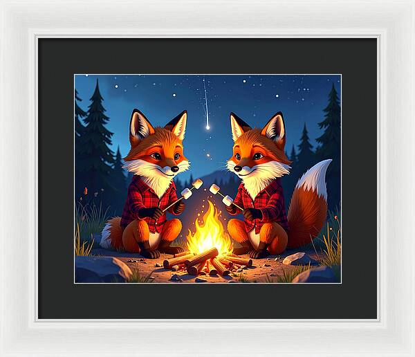 Foxes Toasting Marshmallows Under the Stars - Framed Print