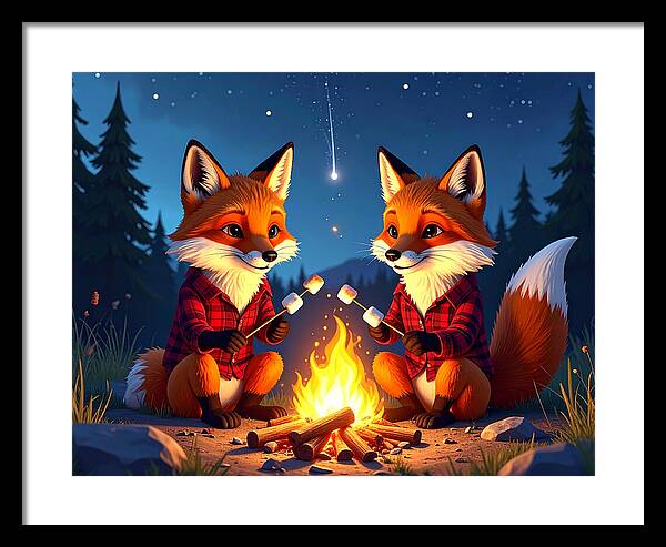 Foxes Toasting Marshmallows Under the Stars - Framed Print