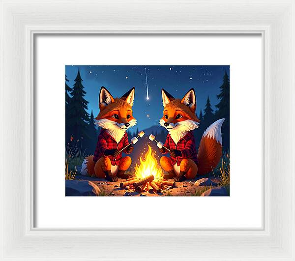 Foxes Toasting Marshmallows Under the Stars - Framed Print