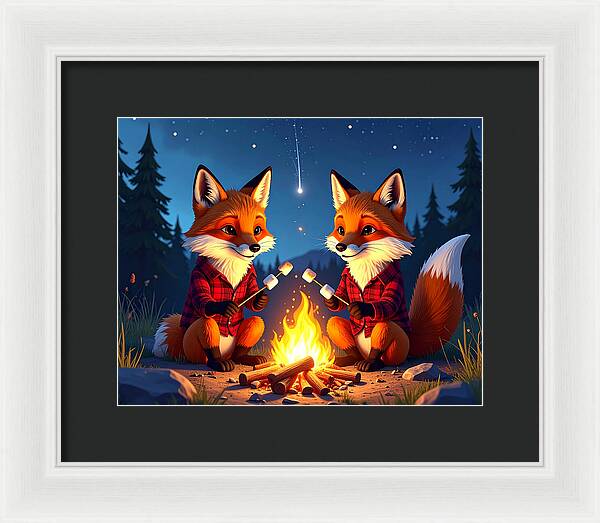 Foxes Toasting Marshmallows Under the Stars - Framed Print