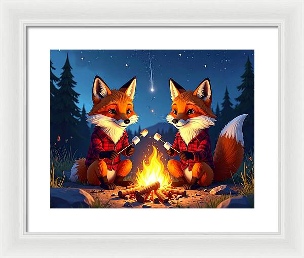 Foxes Toasting Marshmallows Under the Stars - Framed Print