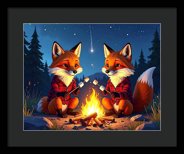 Foxes Toasting Marshmallows Under the Stars - Framed Print