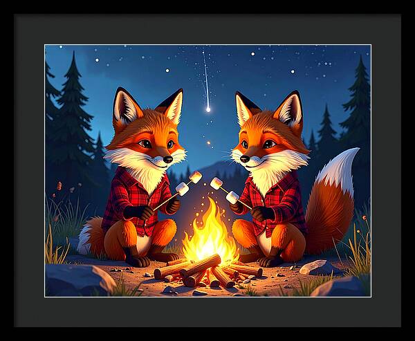 Foxes Toasting Marshmallows Under the Stars - Framed Print