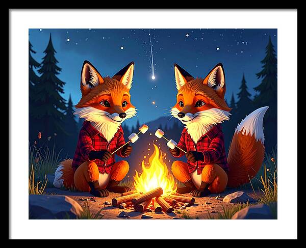 Foxes Toasting Marshmallows Under the Stars - Framed Print