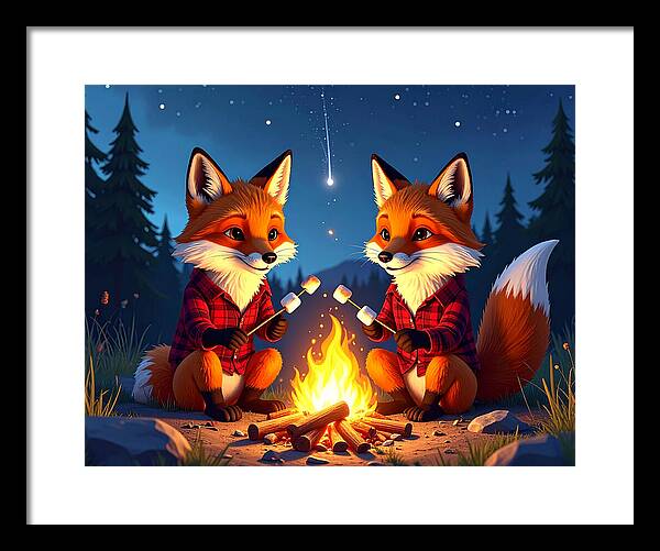 Foxes Toasting Marshmallows Under the Stars - Framed Print