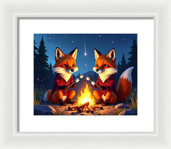 Foxes Toasting Marshmallows Under the Stars - Framed Print