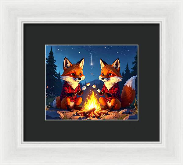 Foxes Toasting Marshmallows Under the Stars - Framed Print