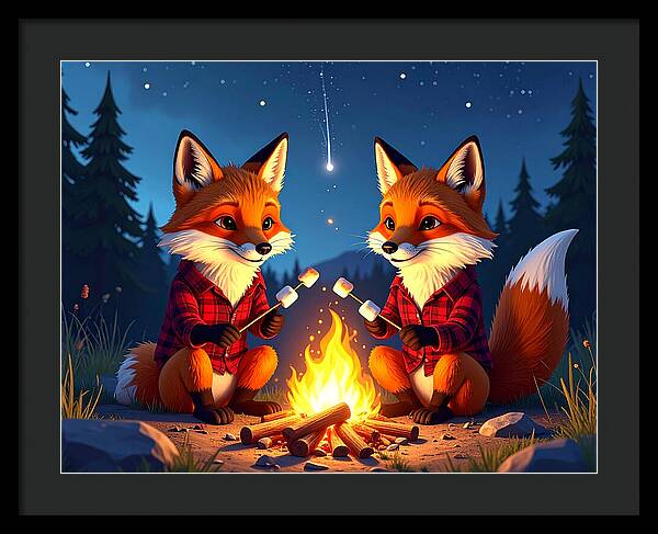 Foxes Toasting Marshmallows Under the Stars - Framed Print